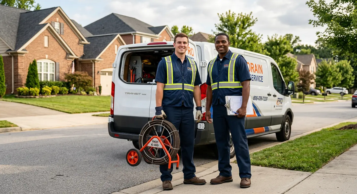 Sewer and drain service team with equipment ready for work in Green Oak