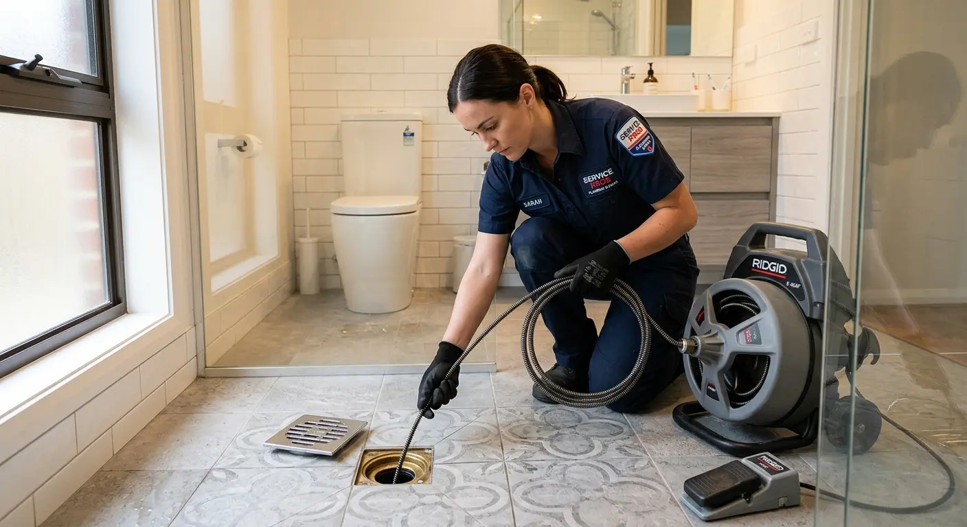 Technician clearing a bathroom floor drain for Sewer Line Installation in Green Oak